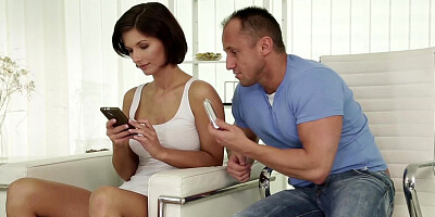 Buddy disturbs her girl from mobile phone and fucks her in ass