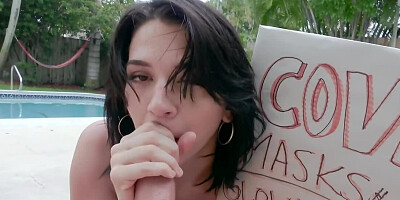 Teen improves business by sucking and riding dick near pool