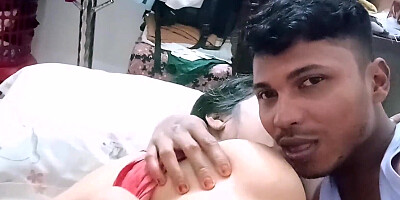 Playing with his big dick and the juicy tits of the babe