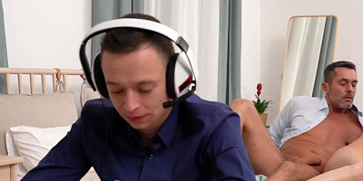 Slutty chick fucks with boyfriend's dad behing his back