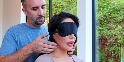 Hottie with closed eyes and on a leash does everything man wants