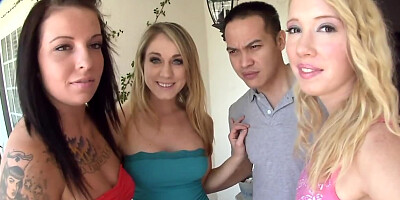 Three naughty teens sucks cock of surprised fellows right in car