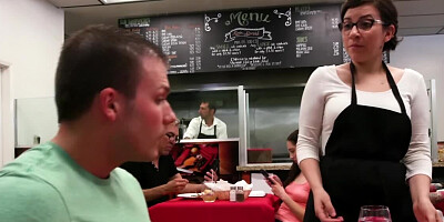 Excited college couple copulates on the table in canteen