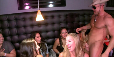 Amateur party girls cut loose and suck on stripper cock at the club