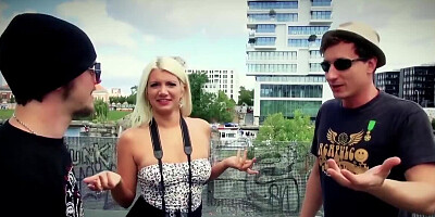 German guys pick up the American blonde to fuck her in minivan