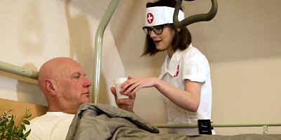 Geeky nurse is going to take care of a hard mature dick