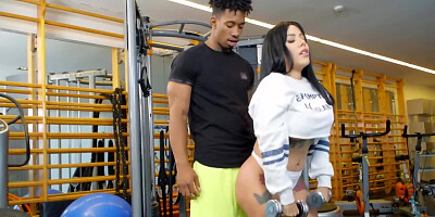 Thick Latina bangs black fitness instructor in a gym