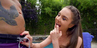 Young nympho is lucky to be fucked and facialized by the pool