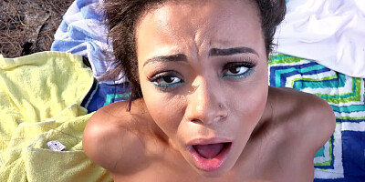 Ebony chick and white bitch fucked by two dudes not for from beach