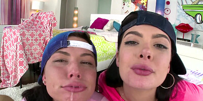 Babes in backwards baseball caps share his cock and balls