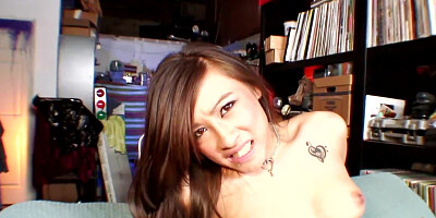 Tiny Asian sexpot jumps on fat black manhood like champ