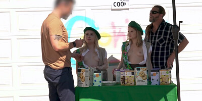 Juicy blonde is fucking with a customer while selling cookies
