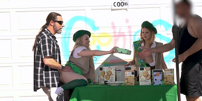 Juicy blonde is fucking with a customer while selling cookies