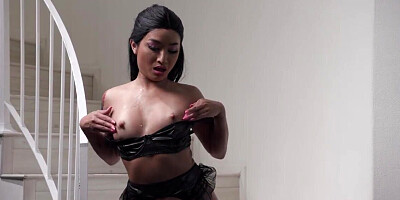 Asian babe shows off in lingerie before orgasming