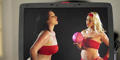 Sporty dream girls with fake titties fuck a guy together