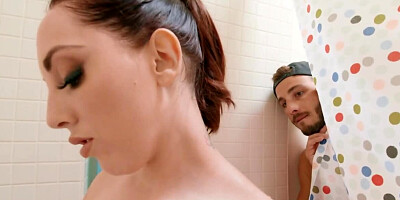 After shower busty brunette has sex with her nosy roommate