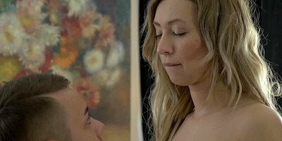 A blonde removes her dress and then she rides a big pecker