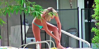 Topless babe is caught tanning by the pool and is then humped