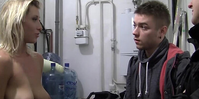 Cute blonde girl is orally pleasing two horny studs