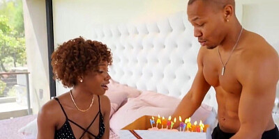 Curly-haired Ebony minx blacked by friend on birthday