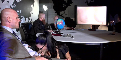 A hot milf is giving a blow job during her presentation