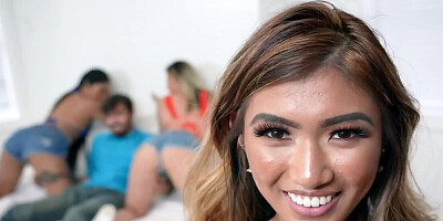 Girls suck cock and get it in twats in turn during foursome