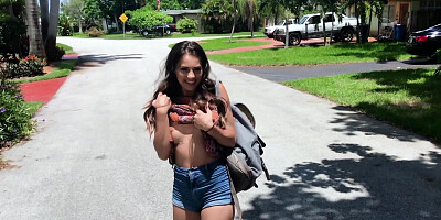Nice girl shows tits in the street and cameraguy fucks her soon