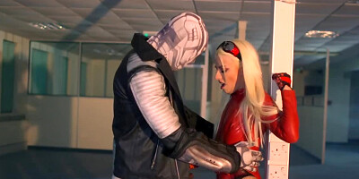 Dissolute superhero with blonde hair gets it on with a villain