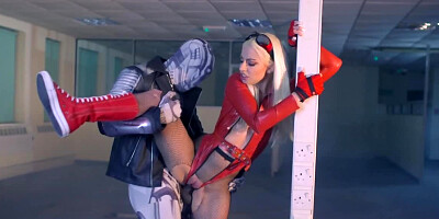 Dissolute superhero with blonde hair gets it on with a villain