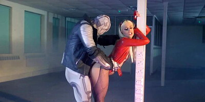 Dissolute superhero with blonde hair gets it on with a villain