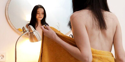 Small-tit brunette Pure Kitti is touching her wet shaved pussy