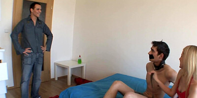 Tied up dude must watch his girlfriend as she is taking massive dick