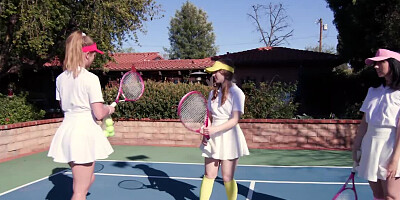 During tennis training three nymphs seduce coach on the court