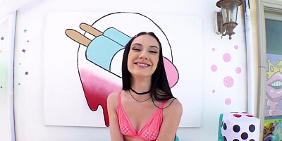 Slender brunette facialized after oiled up sex