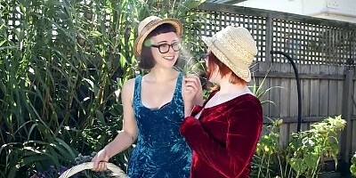 Hirsute girlfriends going outdoors and shamelessly licking