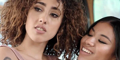 Two hot babes and a black man are fucking in the bus