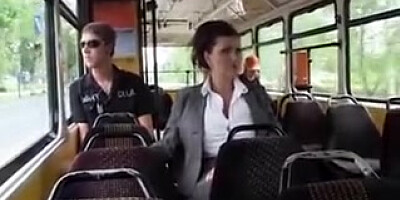 Ample mounds milking on bus