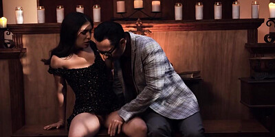 Pretty brunette tempted into sex with mysterious pastor