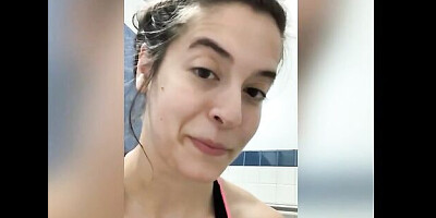 Good busty brunette Abbie Maley is touching her wet shaved pussy