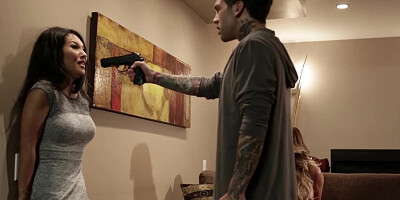 A blonde with a sexy face is getting touched at gunpoint today