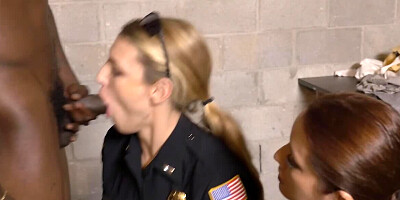 Two horny curvy cop ladies are fucked by black inmate