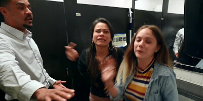 Slutty girl Anya Olsen copulates with waiter in toilet