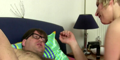 Chubby amateur woman gives handjob to her man and blows him