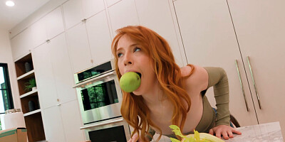 Redheaded girl and brunette fucking in the kitchen HARD