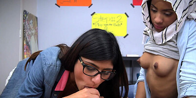 Finally slut with hijab agrees to try sucking common friend off