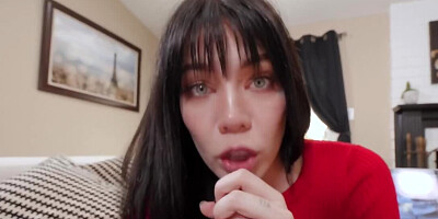 Cute brunette sucks and rides stepdad's dick in living room