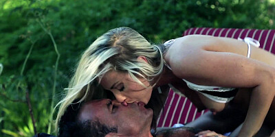 A big dude that has a long cock is punishing a hot blonde