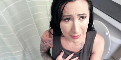 Inked MILF doesn't mind if black stepson fucks her in bathroom
