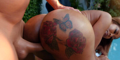 Ebony with impressive shapes gets giant white dick in her possession