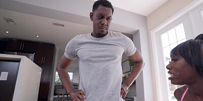 Curvy ebony with massive boobs doing yoga with a BBC